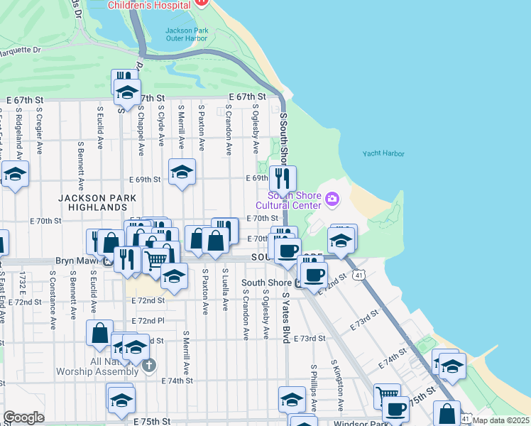 map of restaurants, bars, coffee shops, grocery stores, and more near 6951 South Oglesby Avenue in Chicago