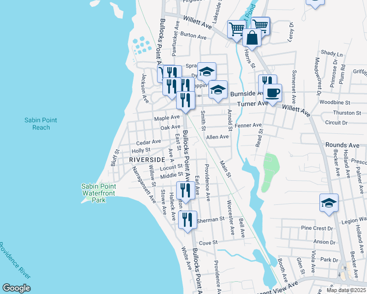 map of restaurants, bars, coffee shops, grocery stores, and more near 314 Bullocks Point Avenue in East Providence