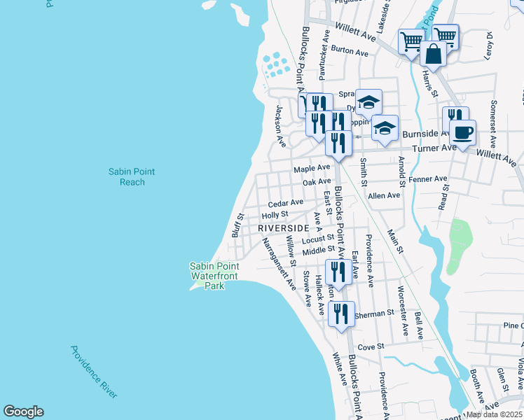 map of restaurants, bars, coffee shops, grocery stores, and more near 34 Cypress Street in East Providence
