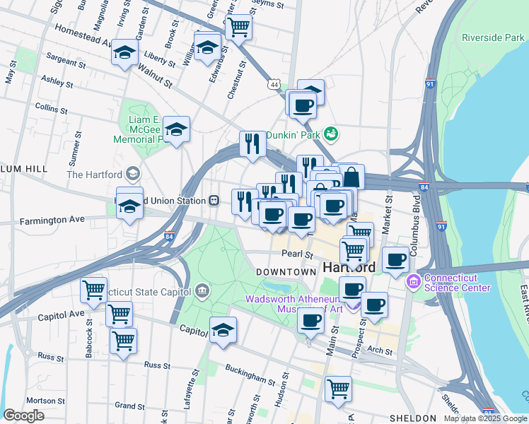 map of restaurants, bars, coffee shops, grocery stores, and more near 285 Church Street in Hartford