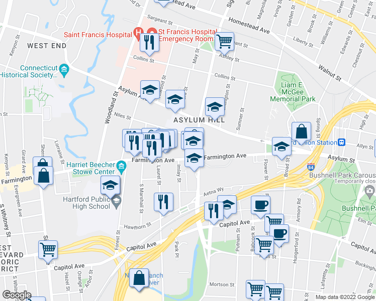map of restaurants, bars, coffee shops, grocery stores, and more near 17 Niles Street in Hartford