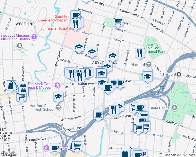 map of restaurants, bars, coffee shops, grocery stores, and more near 17 Niles Street in Hartford