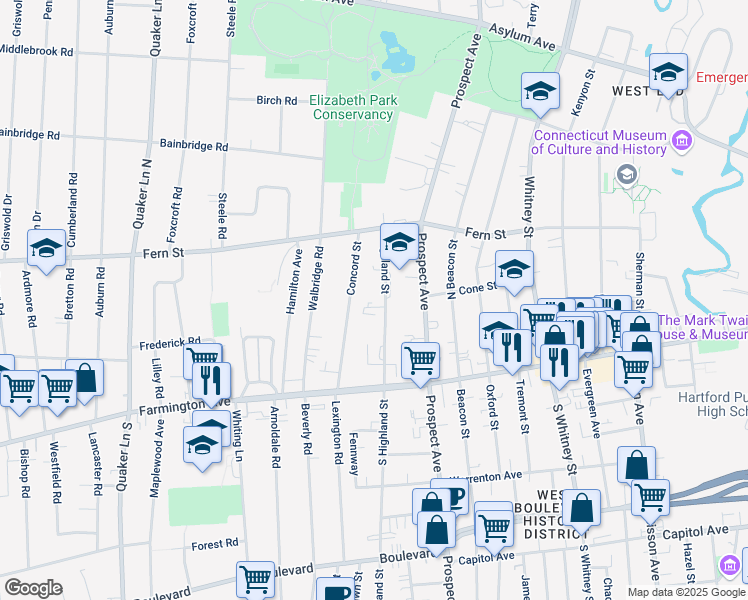 map of restaurants, bars, coffee shops, grocery stores, and more near 45 Highland Street in West Hartford