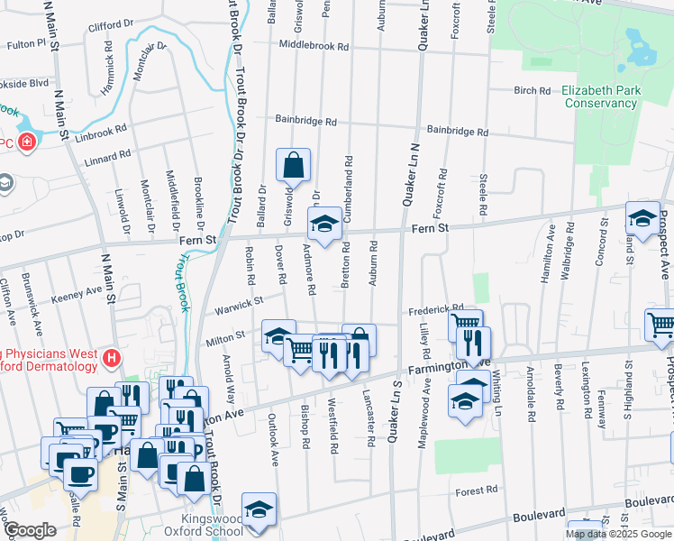 map of restaurants, bars, coffee shops, grocery stores, and more near in West Hartford