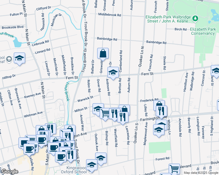 map of restaurants, bars, coffee shops, grocery stores, and more near 147 Ardmore Road in West Hartford