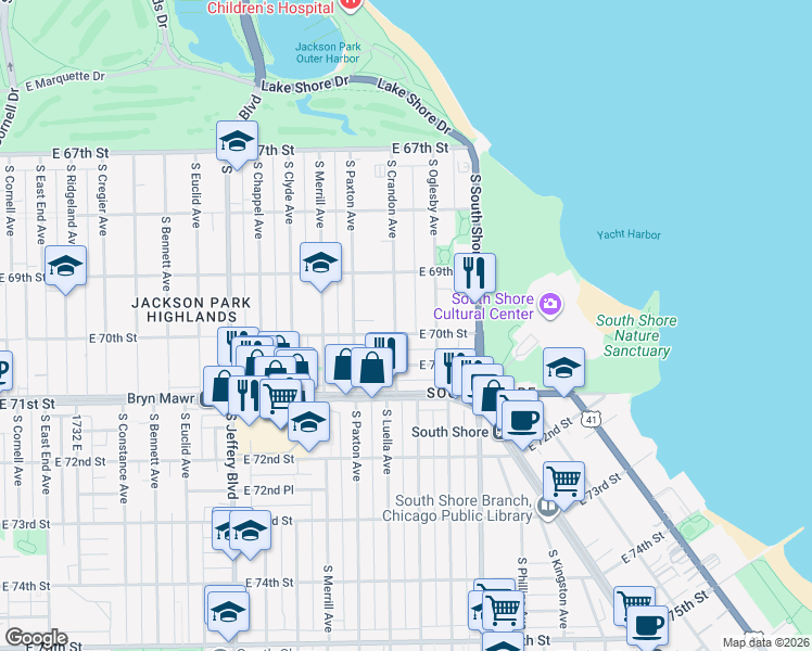map of restaurants, bars, coffee shops, grocery stores, and more near 6928 South Crandon Avenue in Chicago