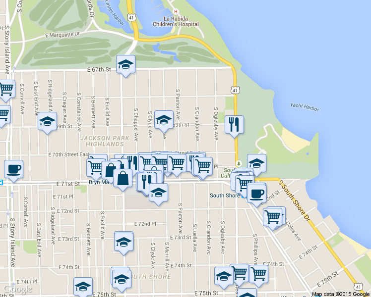map of restaurants, bars, coffee shops, grocery stores, and more near 6917 South Paxton Avenue in Chicago