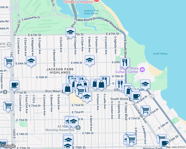map of restaurants, bars, coffee shops, grocery stores, and more near 6917 South Paxton Avenue in Chicago