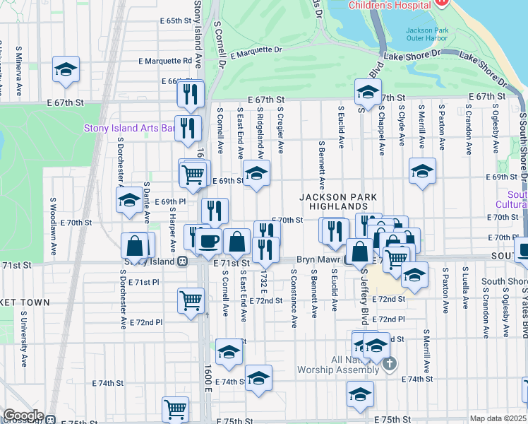 map of restaurants, bars, coffee shops, grocery stores, and more near 6926 South Cregier Avenue in Chicago