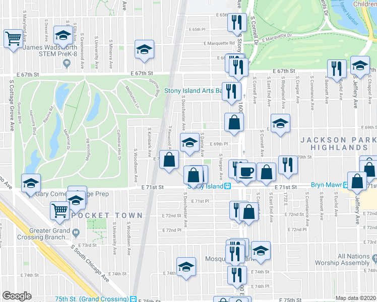 map of restaurants, bars, coffee shops, grocery stores, and more near 6925 South Dorchester Avenue in Chicago