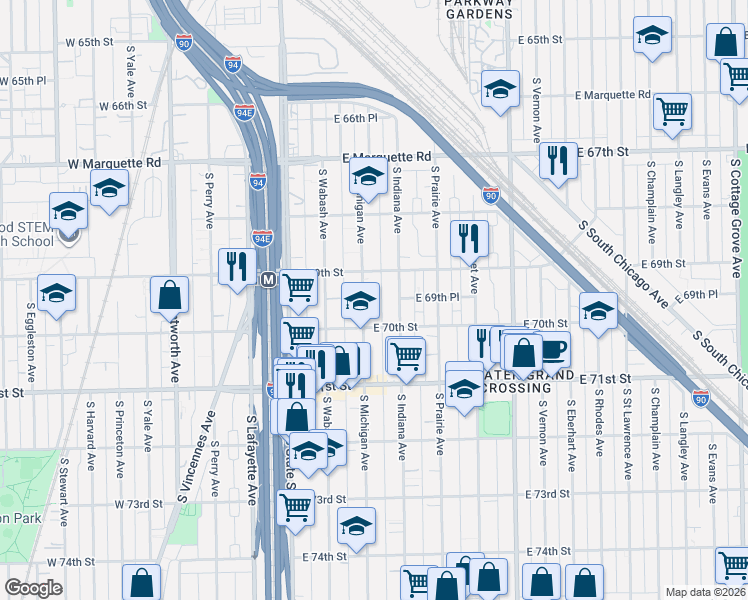 map of restaurants, bars, coffee shops, grocery stores, and more near 115 East 69th Street in Chicago