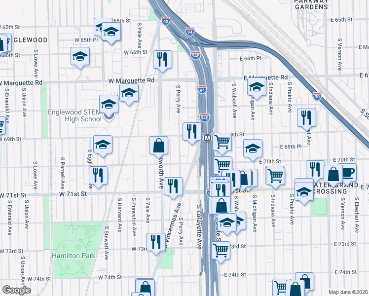map of restaurants, bars, coffee shops, grocery stores, and more near 6900 South Perry Avenue in Chicago