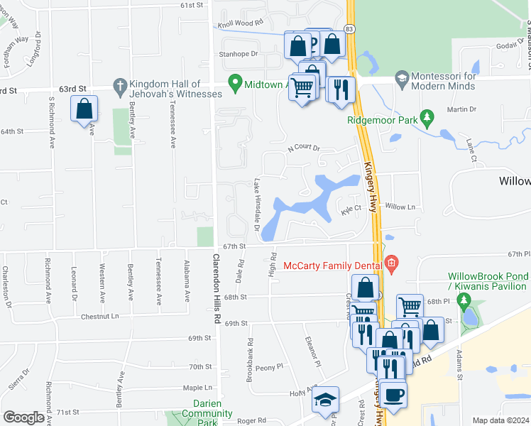 map of restaurants, bars, coffee shops, grocery stores, and more near 601 Lake Hinsdale Drive in Willowbrook