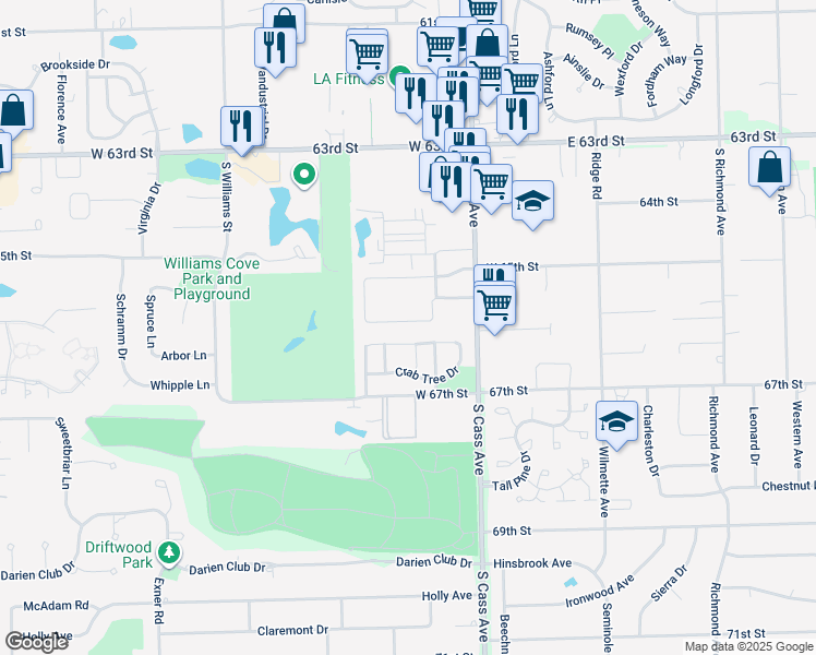 map of restaurants, bars, coffee shops, grocery stores, and more near 1440 Willow Lane in Westmont