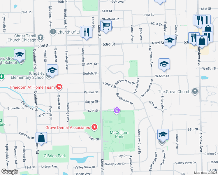 map of restaurants, bars, coffee shops, grocery stores, and more near 924 Bonnie Brae Drive in Downers Grove