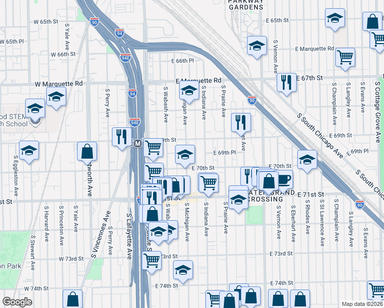 map of restaurants, bars, coffee shops, grocery stores, and more near 115 East 69th Street in Chicago