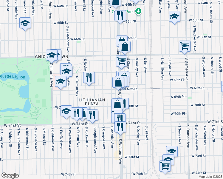 map of restaurants, bars, coffee shops, grocery stores, and more near W 69th St & S Artesian Ave in Chicago