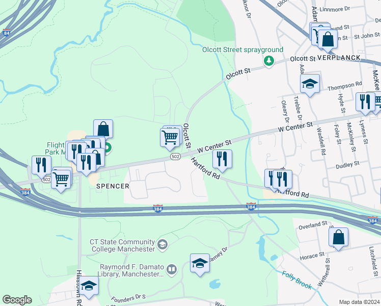 map of restaurants, bars, coffee shops, grocery stores, and more near 1712 Hartford Road in Manchester