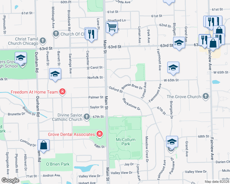 map of restaurants, bars, coffee shops, grocery stores, and more near 924 Bonnie Brae Drive in Downers Grove