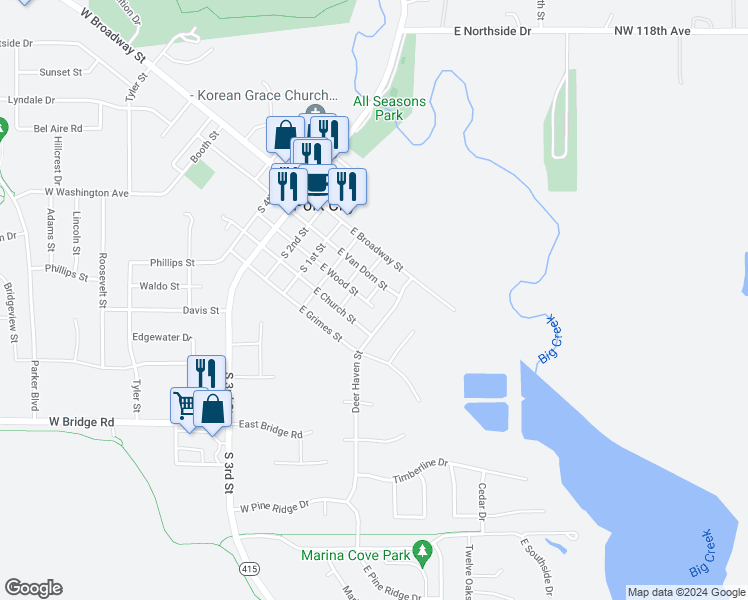 map of restaurants, bars, coffee shops, grocery stores, and more near 317 East Wood Street in Polk City