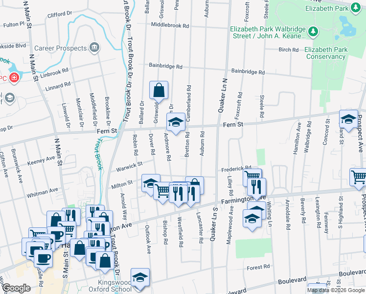 map of restaurants, bars, coffee shops, grocery stores, and more near in West Hartford