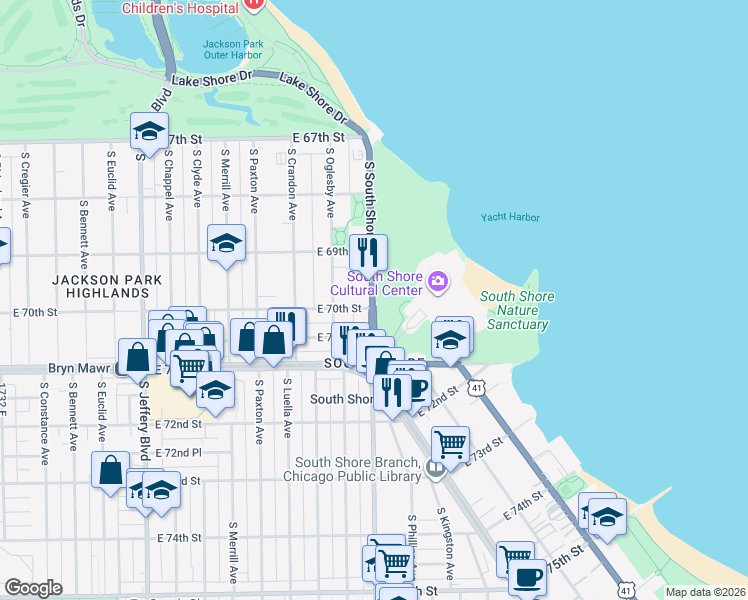 map of restaurants, bars, coffee shops, grocery stores, and more near 6930 S South Shore Dr in Chicago