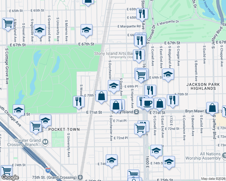 map of restaurants, bars, coffee shops, grocery stores, and more near 6925 South Dorchester Avenue in Chicago