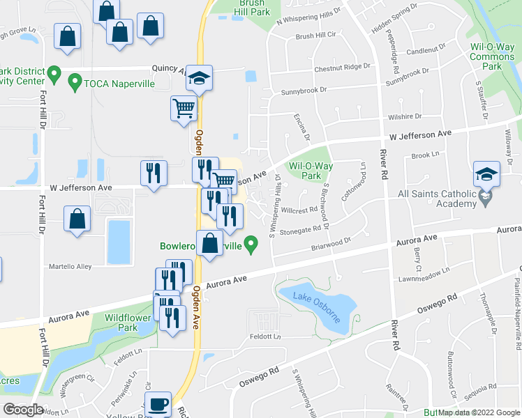 map of restaurants, bars, coffee shops, grocery stores, and more near Georgia Court in Naperville