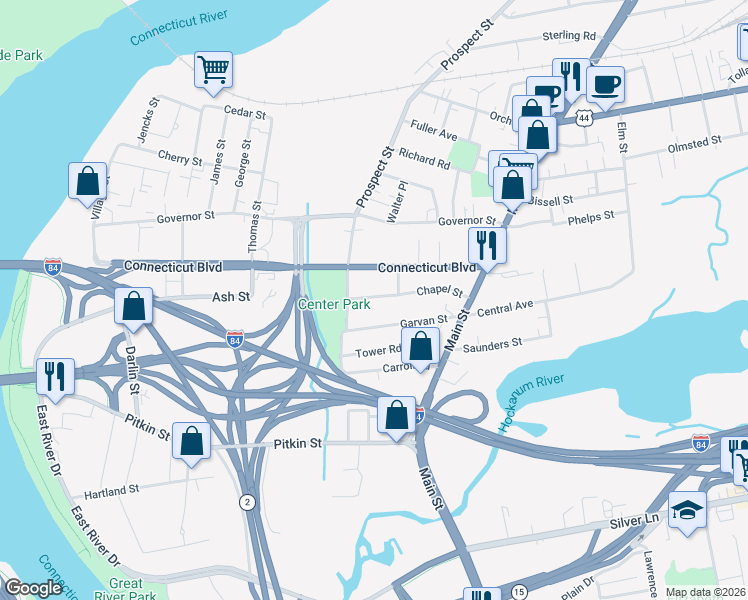 map of restaurants, bars, coffee shops, grocery stores, and more near 89 Chapel Street in East Hartford