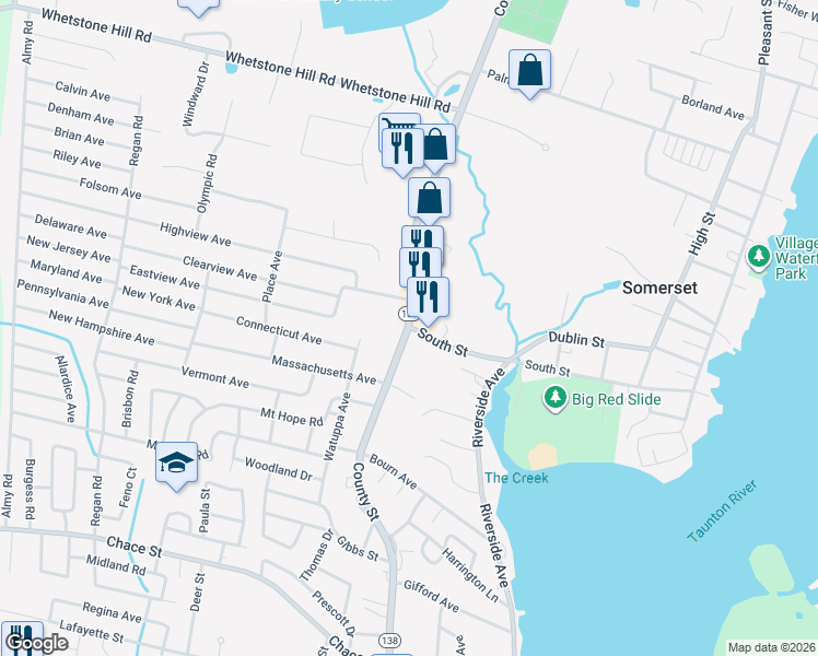 map of restaurants, bars, coffee shops, grocery stores, and more near 623 Somerset Avenue in Dighton