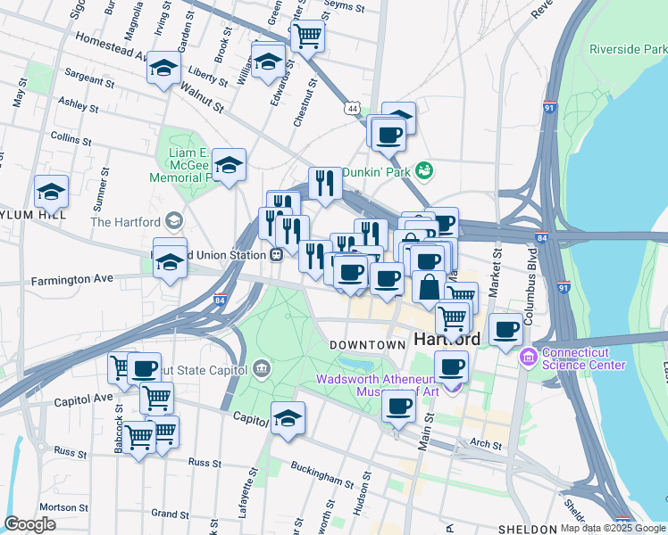 map of restaurants, bars, coffee shops, grocery stores, and more near 98 High Street in Hartford