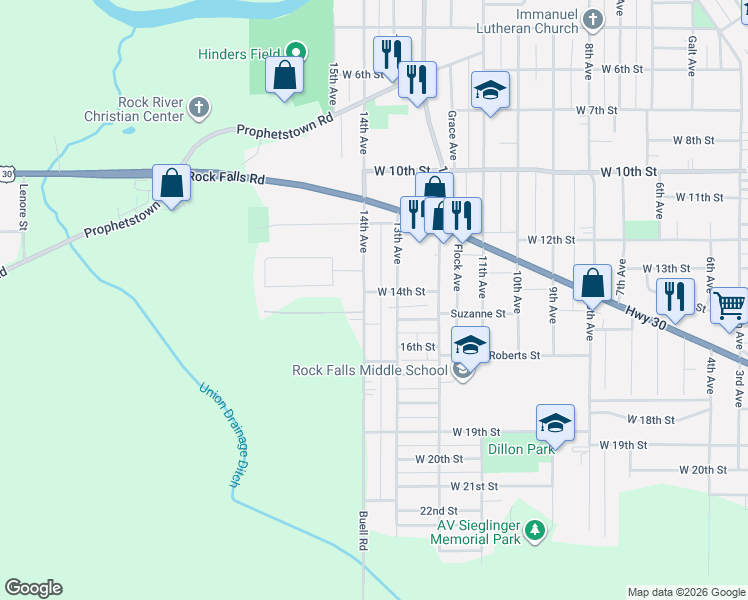 map of restaurants, bars, coffee shops, grocery stores, and more near 1312 13th Avenue in Rock Falls