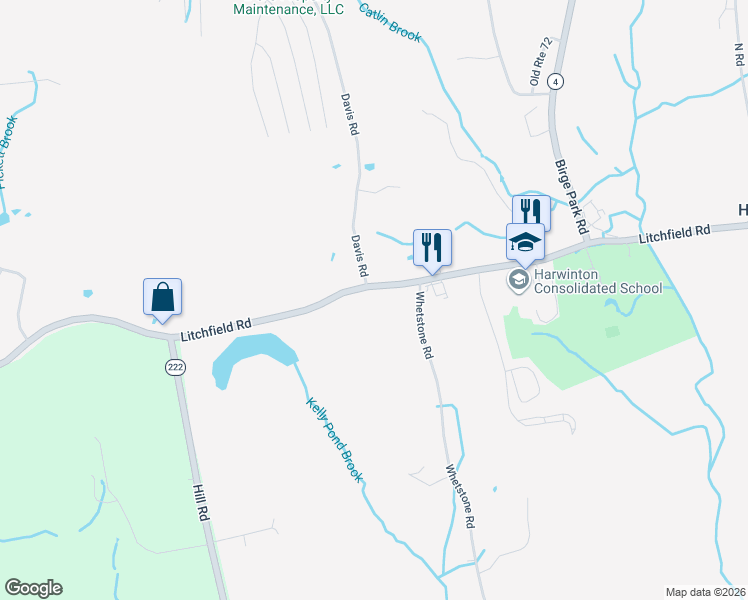 map of restaurants, bars, coffee shops, grocery stores, and more near 195 Litchfield Road in Harwinton