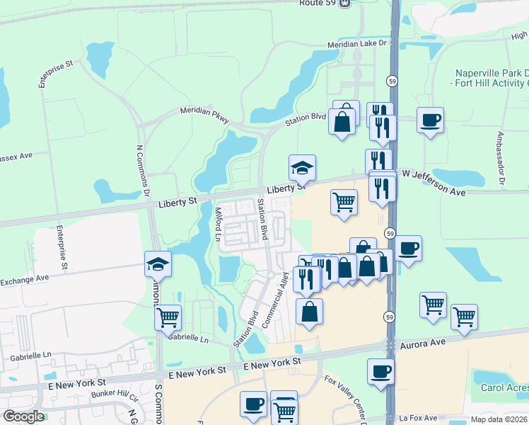 map of restaurants, bars, coffee shops, grocery stores, and more near Station Boulevard in Aurora