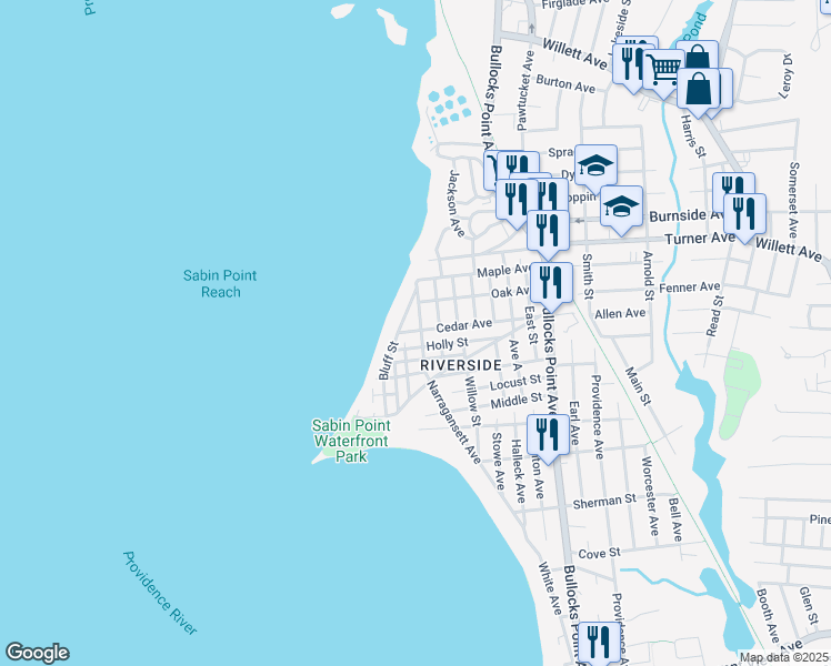 map of restaurants, bars, coffee shops, grocery stores, and more near 31 Bluff Street in East Providence