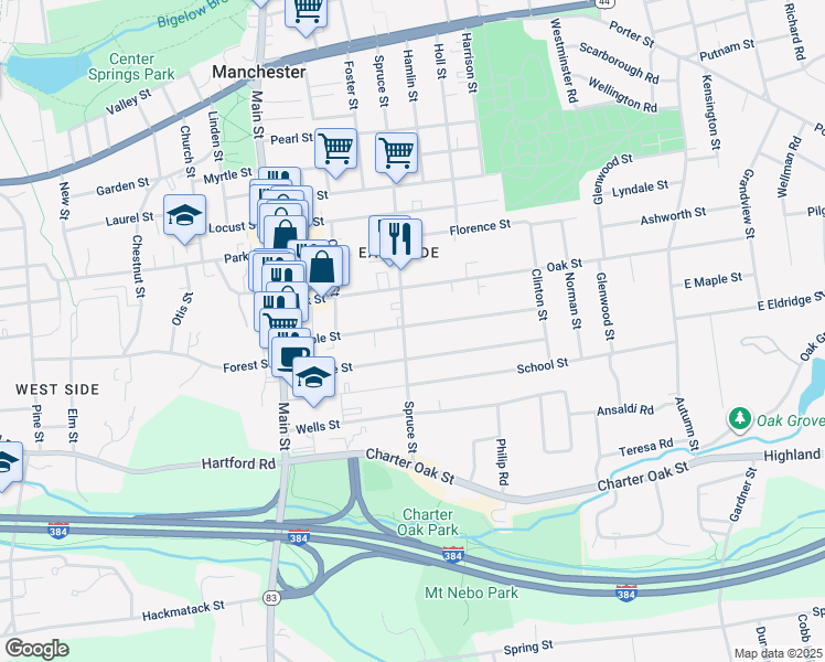map of restaurants, bars, coffee shops, grocery stores, and more near 214 Spruce Street in Manchester