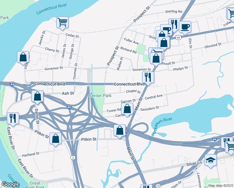 map of restaurants, bars, coffee shops, grocery stores, and more near 9 Ward Street in East Hartford