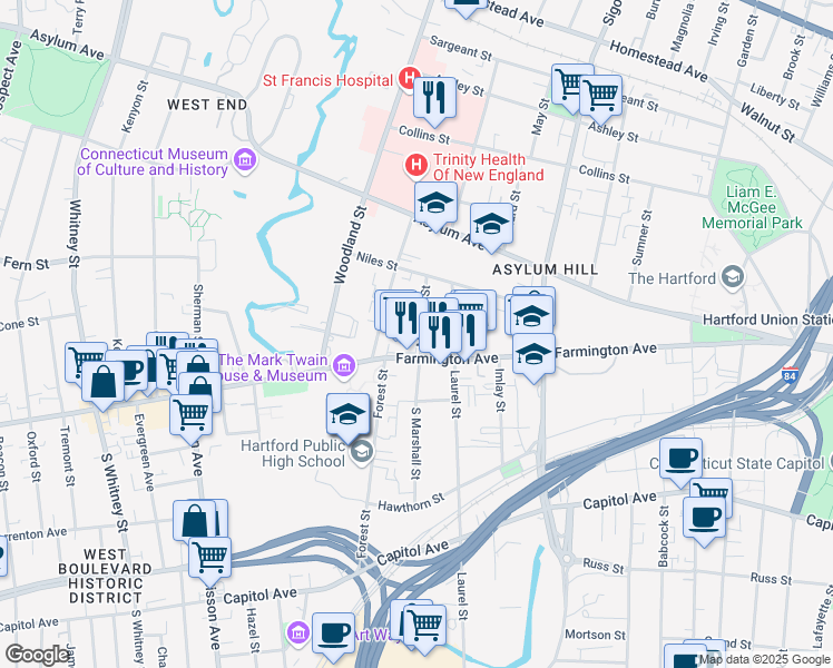 map of restaurants, bars, coffee shops, grocery stores, and more near 17 Marshall Street in Hartford