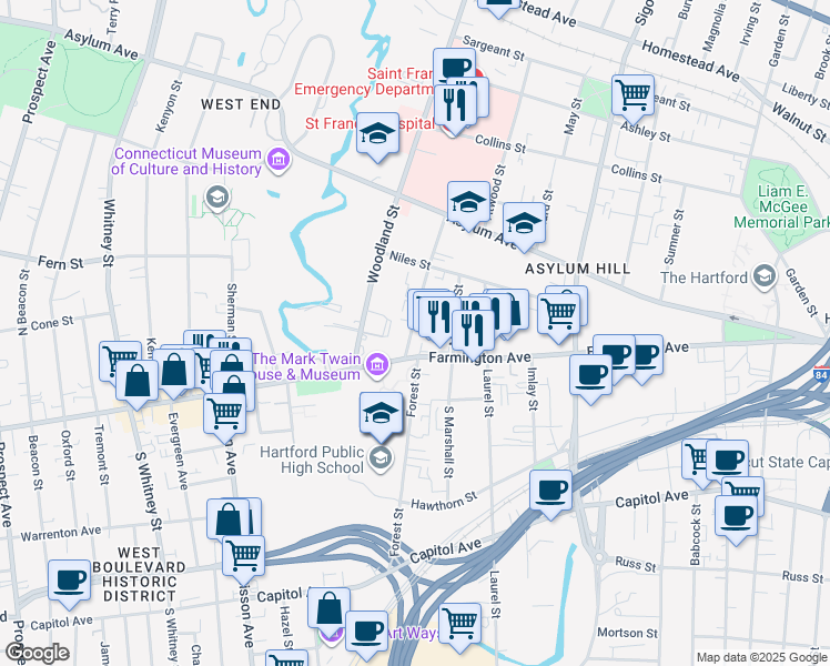 map of restaurants, bars, coffee shops, grocery stores, and more near 31 Gillett Street in Hartford