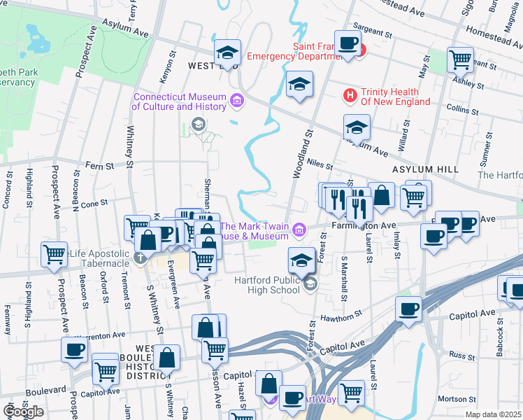 map of restaurants, bars, coffee shops, grocery stores, and more near 19 Woodland Street in Hartford