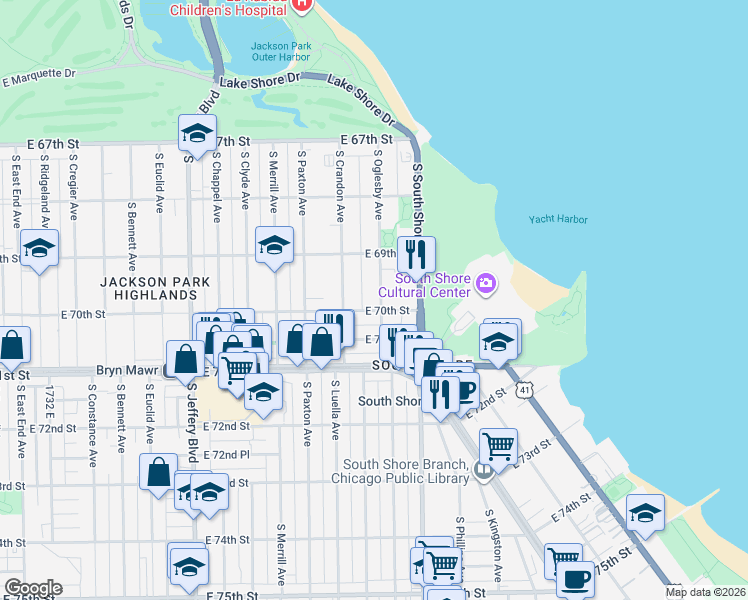 map of restaurants, bars, coffee shops, grocery stores, and more near 6926 South Oglesby Avenue in Chicago