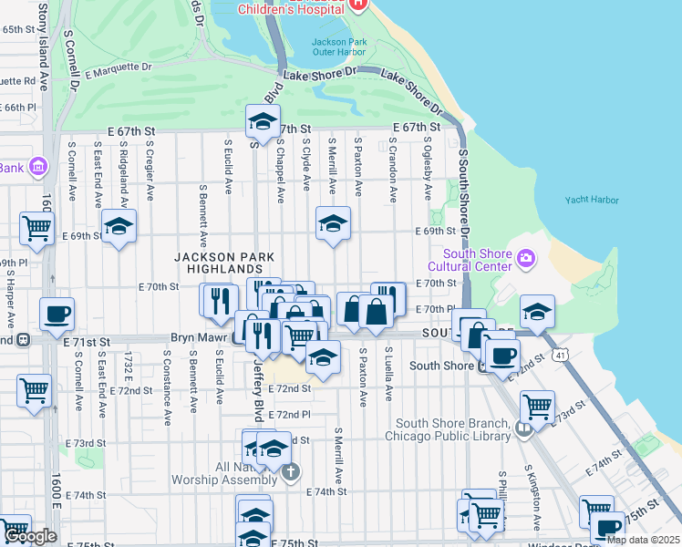 map of restaurants, bars, coffee shops, grocery stores, and more near 6940 South Merrill Avenue in Chicago