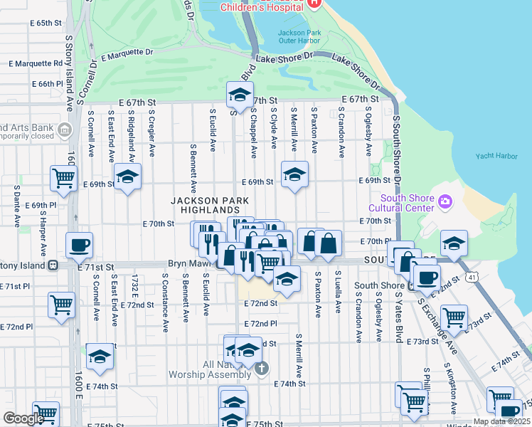 map of restaurants, bars, coffee shops, grocery stores, and more near 6930 South Clyde Avenue in Chicago