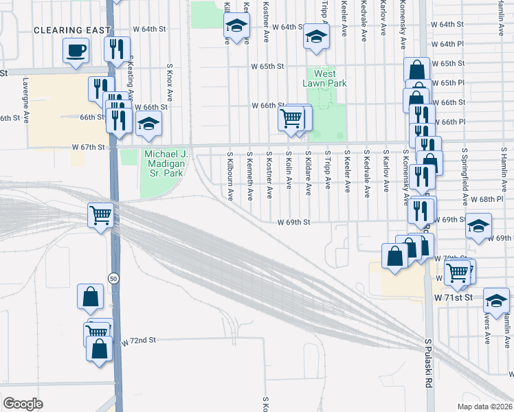 map of restaurants, bars, coffee shops, grocery stores, and more near 6816 South Kenneth Avenue in Chicago