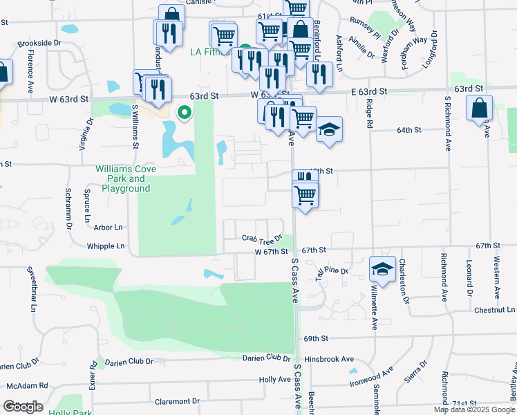 map of restaurants, bars, coffee shops, grocery stores, and more near 1440 Willow Lane in Westmont