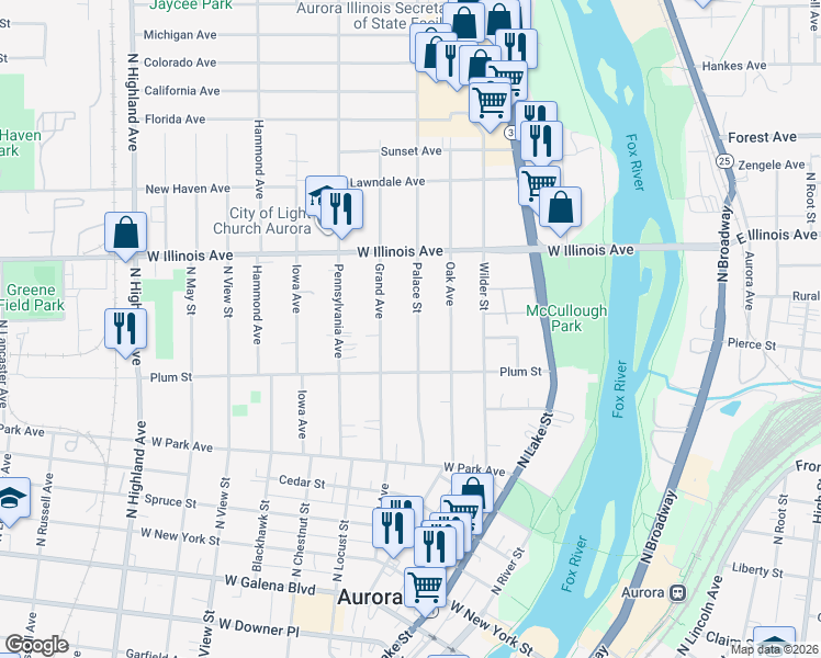 map of restaurants, bars, coffee shops, grocery stores, and more near 606 Palace Street in Aurora