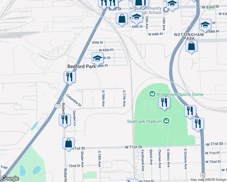 map of restaurants, bars, coffee shops, grocery stores, and more near 7725 Suburban Lane in Bridgeview