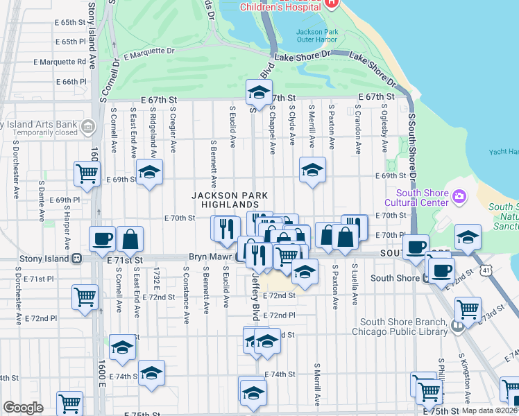map of restaurants, bars, coffee shops, grocery stores, and more near 6947 South Jeffery Boulevard in Chicago