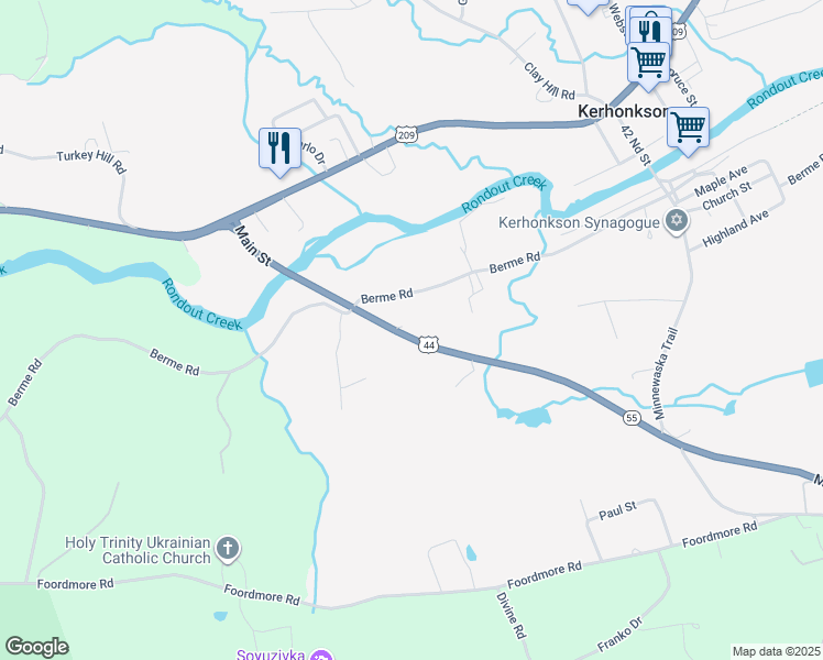 map of restaurants, bars, coffee shops, grocery stores, and more near 6120 U.S. 44 in Kerhonkson