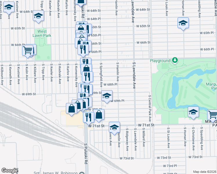 map of restaurants, bars, coffee shops, grocery stores, and more near 3820 West 68th Place in Chicago